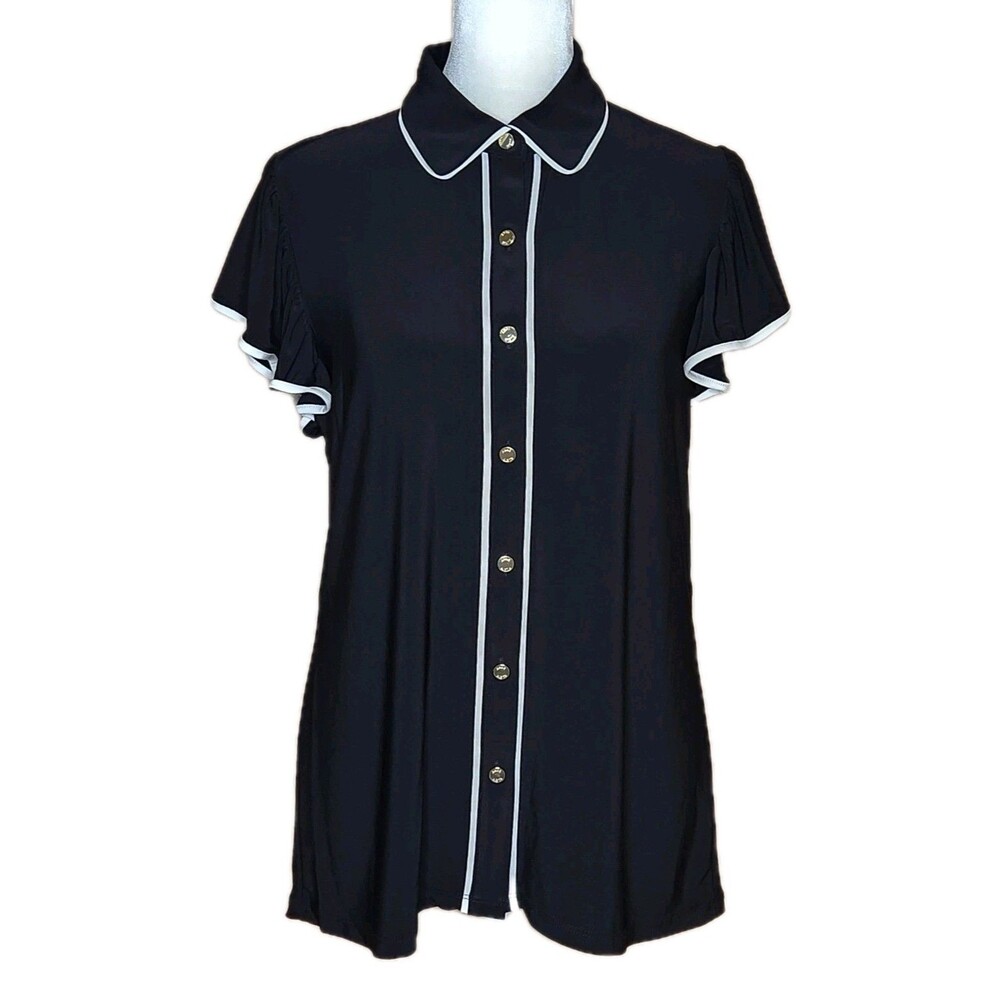 Anne Klein Button Front Blouse Small Black White Piping Flutter Sleeve Twee